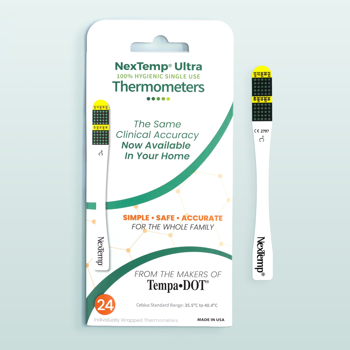 NexTemp Ultra disposable thermometer 24-pack Celsius with clinical accuracy label