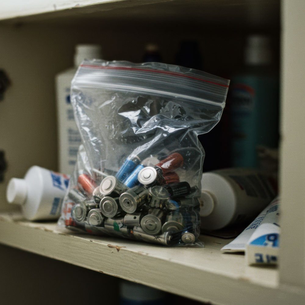 A plastic bag filled with used batteries inside a medicine cabinet, illustrating battery waste from traditional digital thermometers.