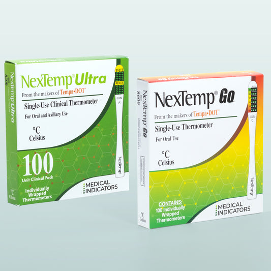 Flu Season Family Pack with NexTemp Ultra and NexTemp Go single-use thermometers in Celsius