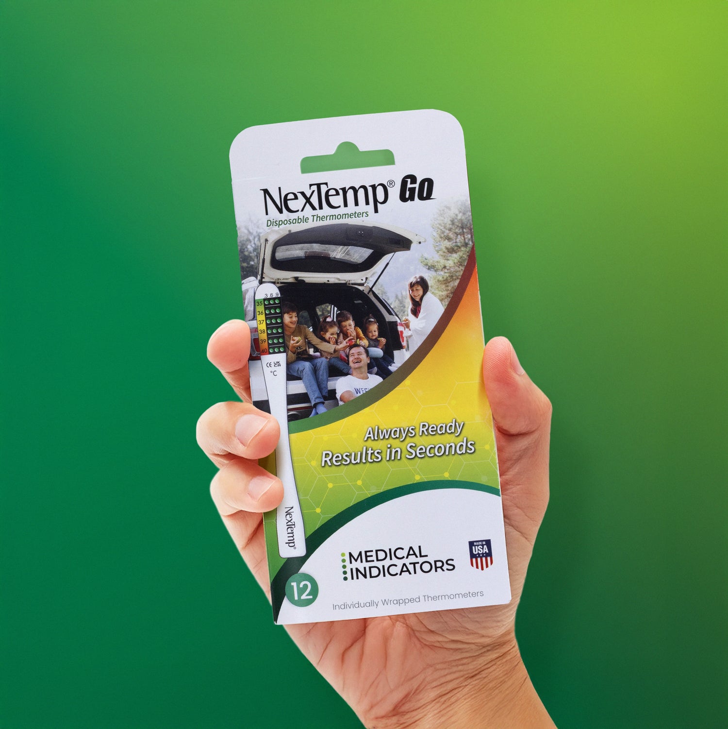 Hand Holding NexTemp GO Disposable Thermometer 12-Pack