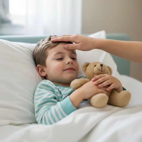 Child resting in bed being checked for fever while using a NexTemp thermometer