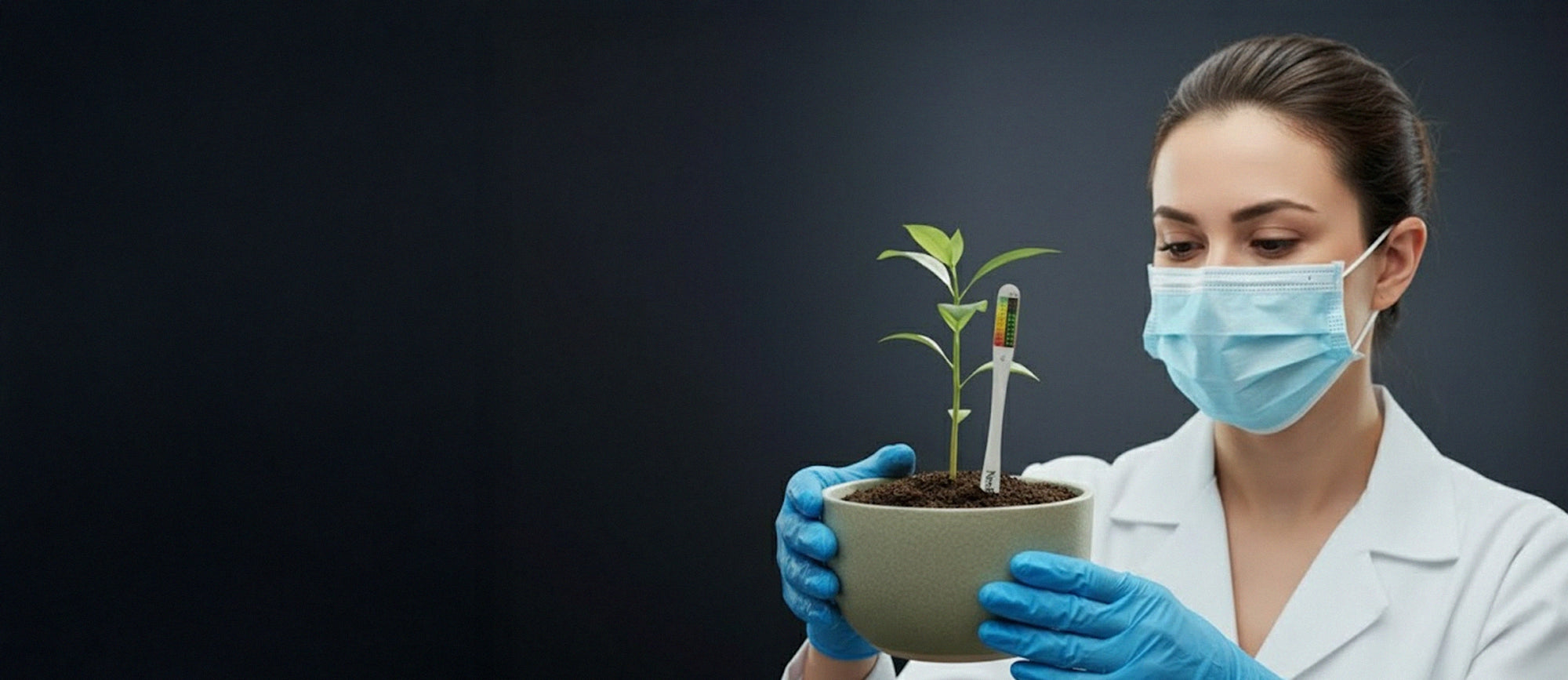 A healthcare professional wearing gloves and a mask holding a potted plant with a NexTemp thermometer inserted into the soil, highlighting eco-friendly, battery-free design.