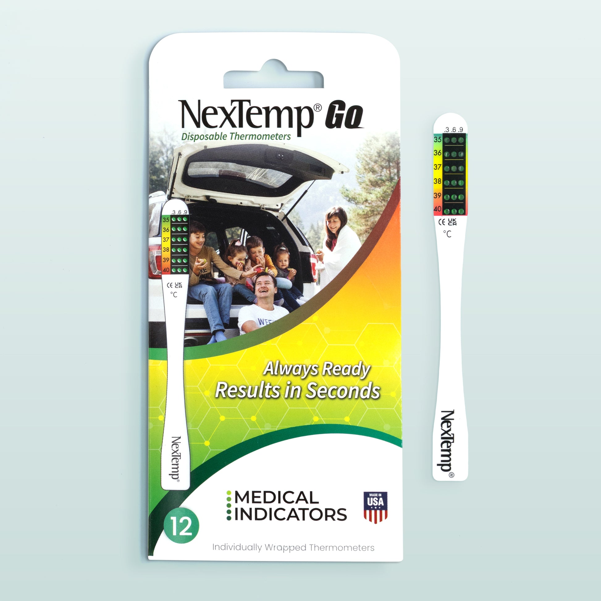 NexTemp Go disposable thermometer 12-pack Celsius with family travel image