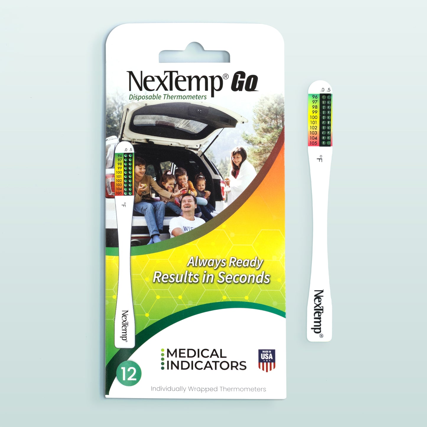 NexTemp Go disposable thermometer 12-pack Fahrenheit with family travel image