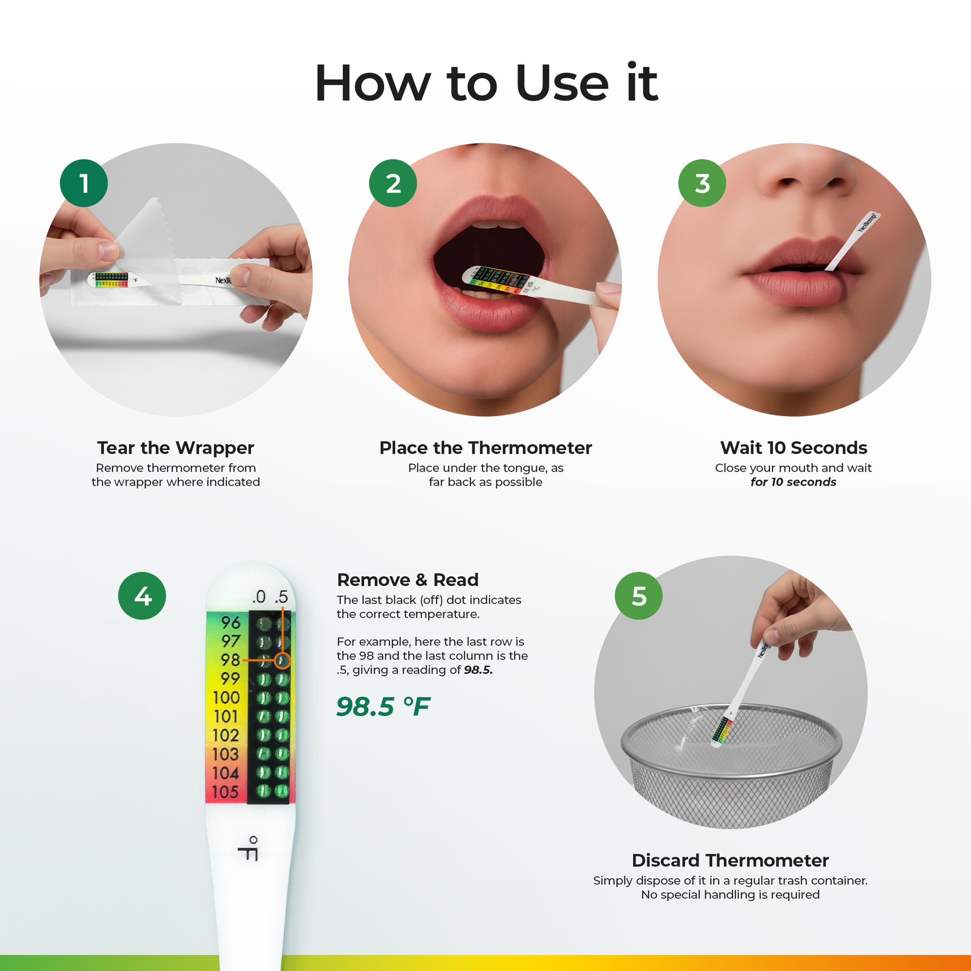 How to use NexTemp Go thermometer step-by-step oral instructions
