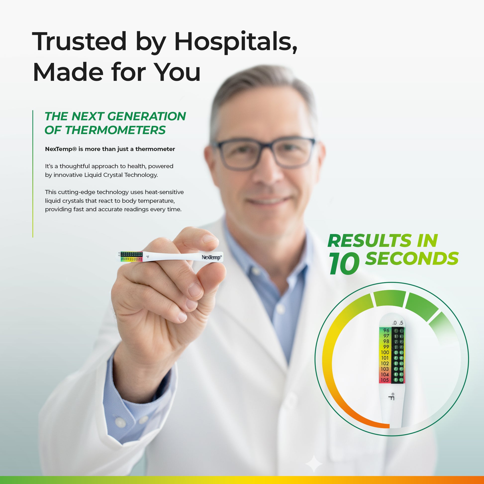 Doctor holding NexTemp Go thermometer showing 10-second reading result