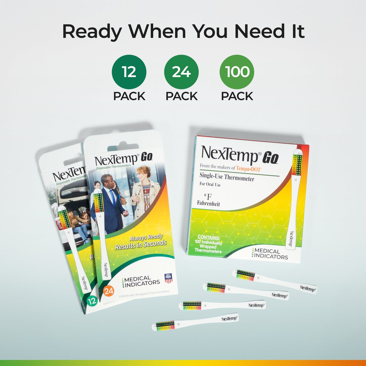 NexTemp Go thermometer packs in 12 24 and 100 count options with strips