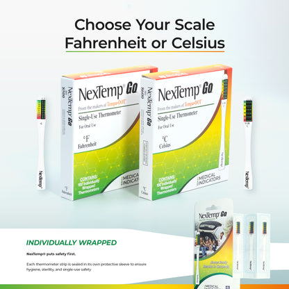 NexTemp Go disposable thermometer boxes in Fahrenheit and Celsius scales