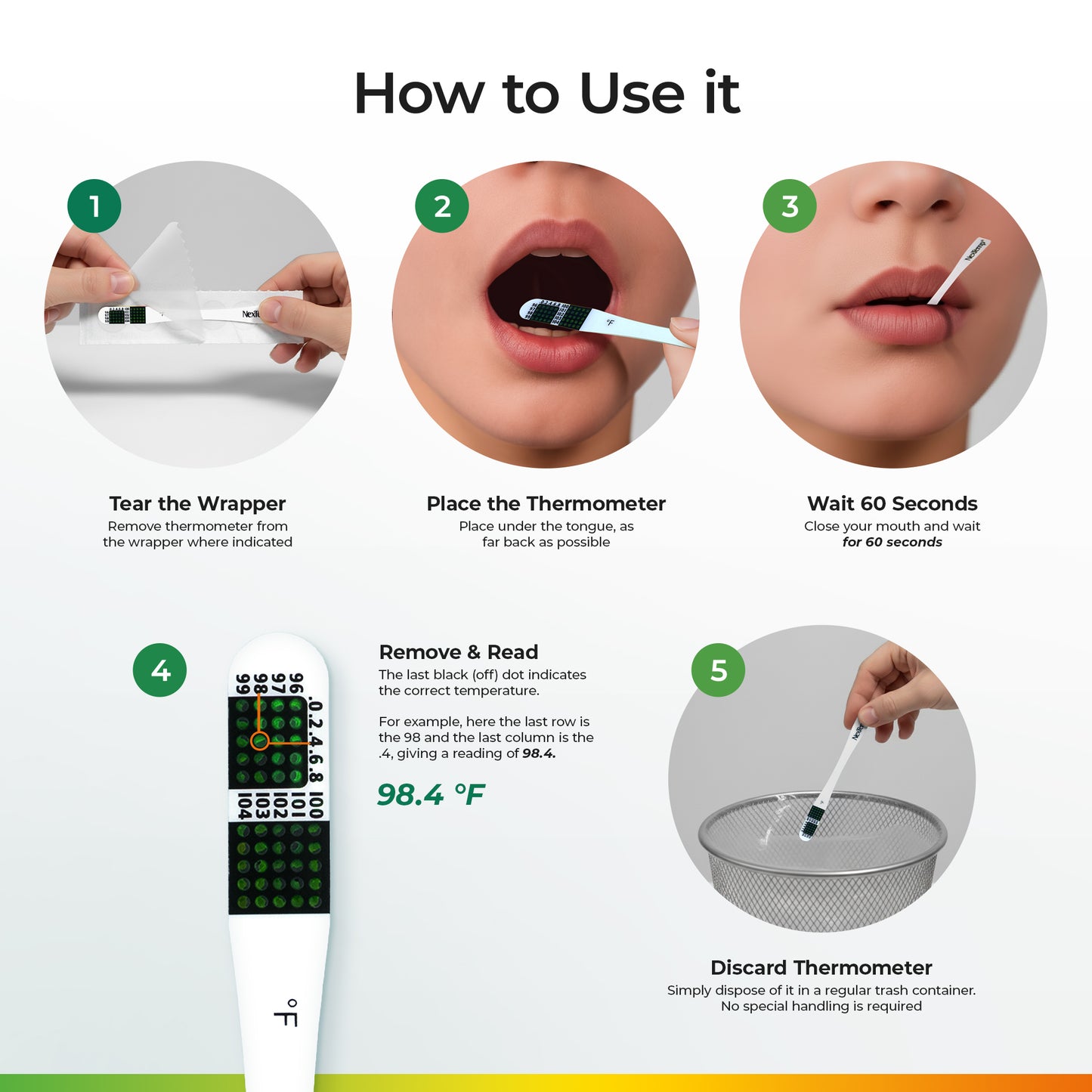 How to use NexTemp single-use thermometer step-by-step instructions