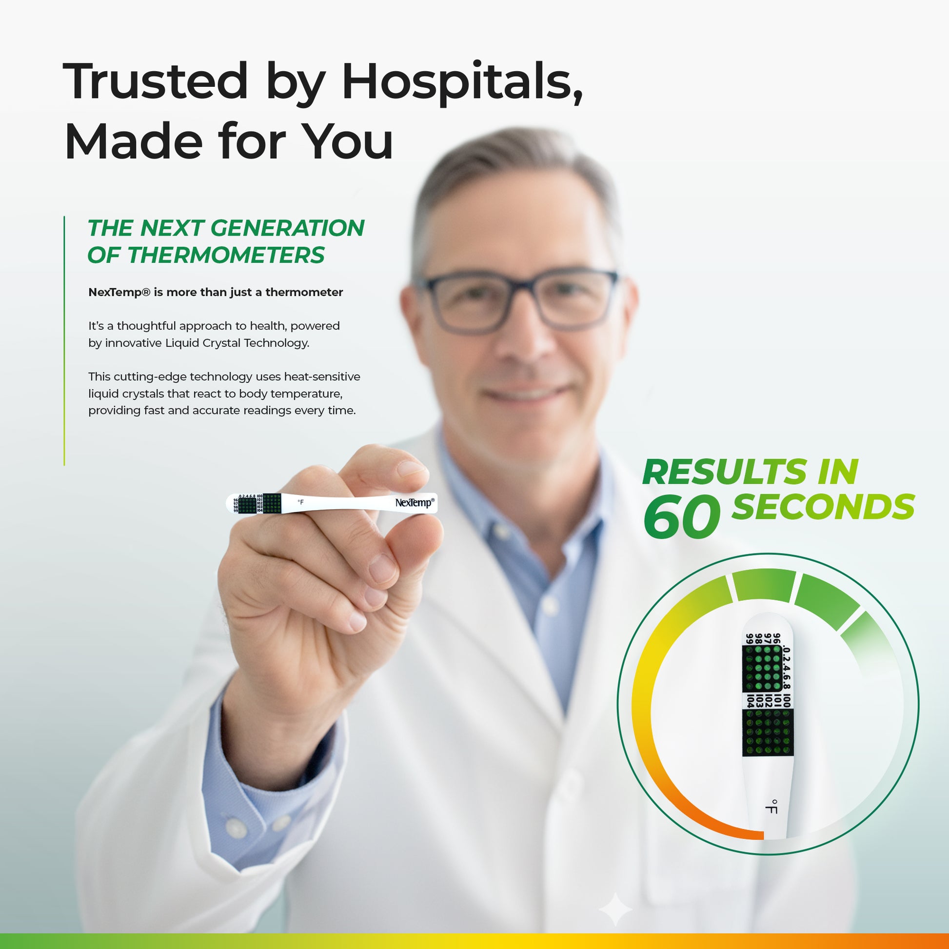 Doctor holding NexTemp single-use thermometer with 60-second reading