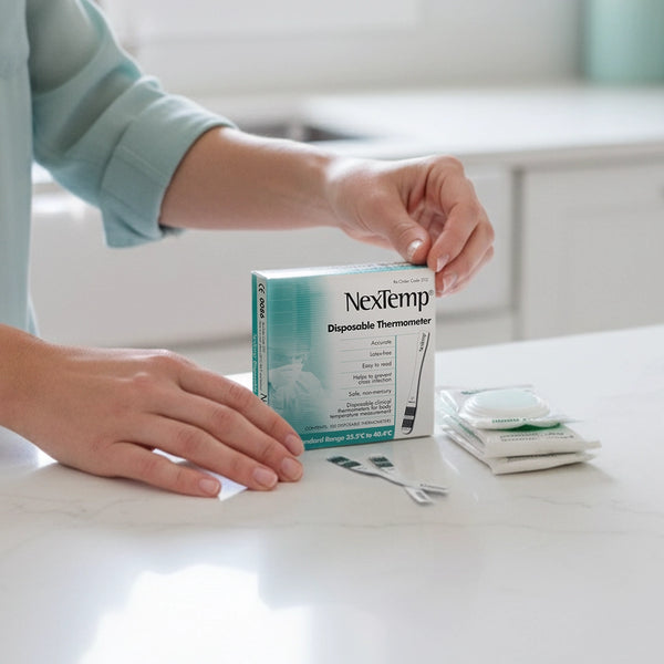 Hands opening a NexTemp disposable thermometer box on a clean kitchen counter