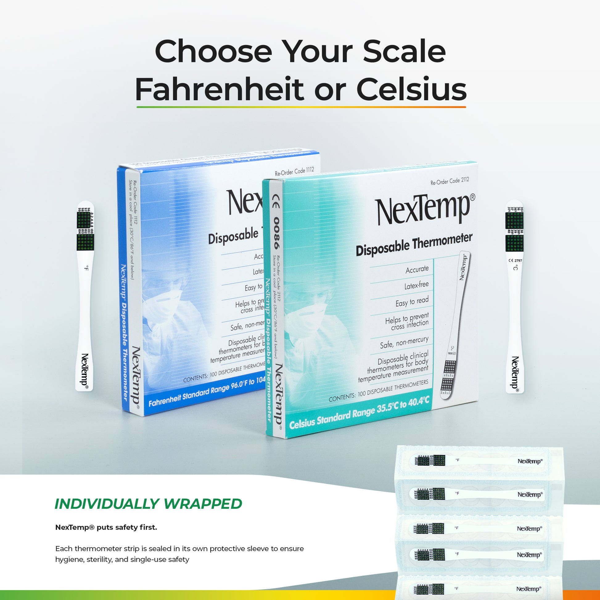NexTemp disposable thermometer boxes in Fahrenheit and Celsius scales
