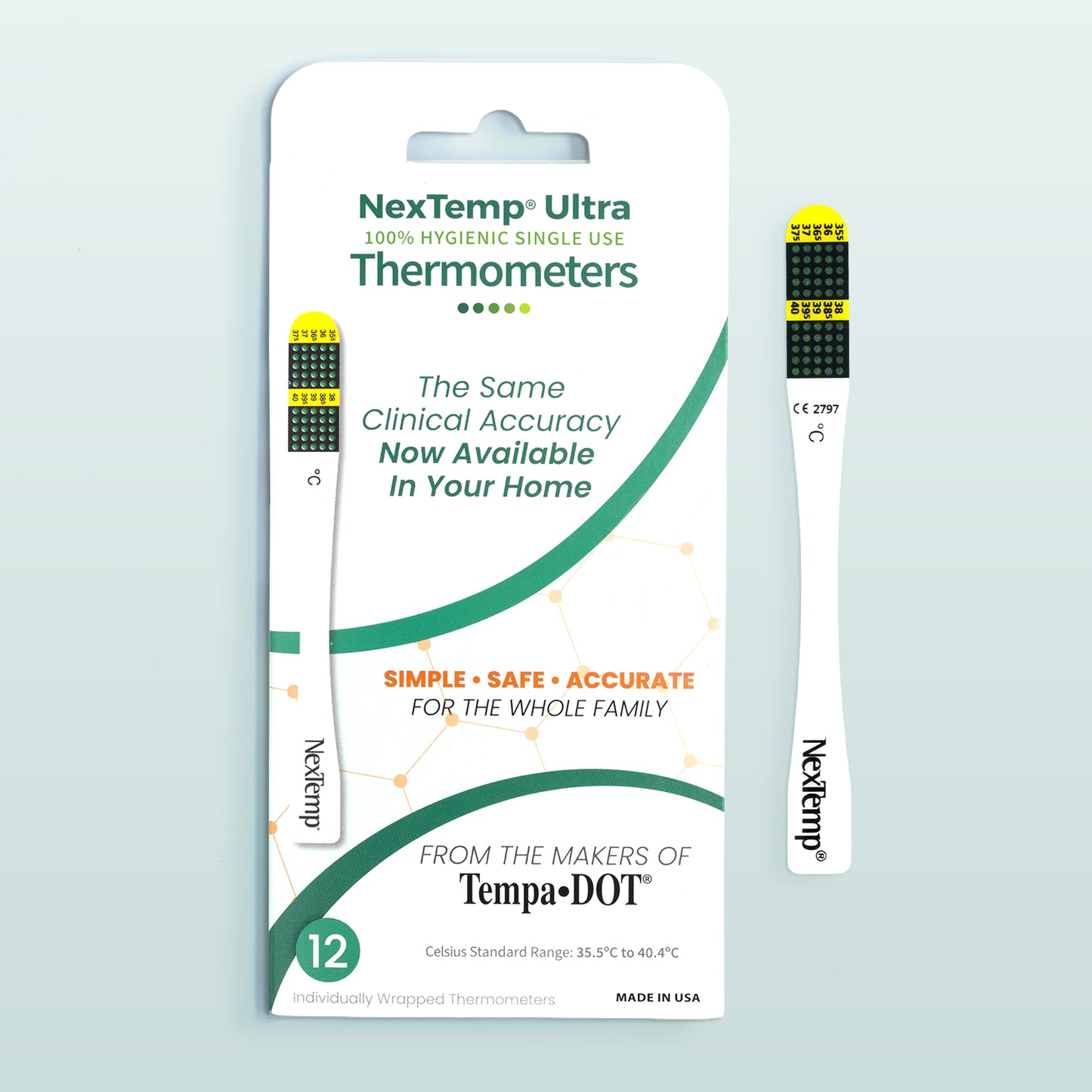 NexTemp Ultra disposable thermometer 12-pack Celsius with clinical accuracy label