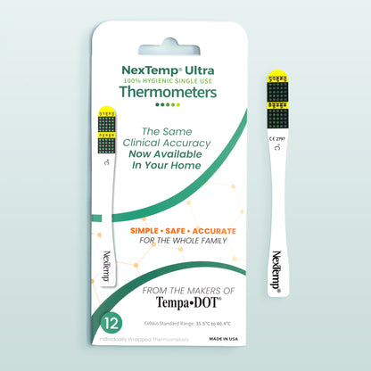 NexTemp Ultra disposable thermometer 12-pack Celsius with clinical accuracy label