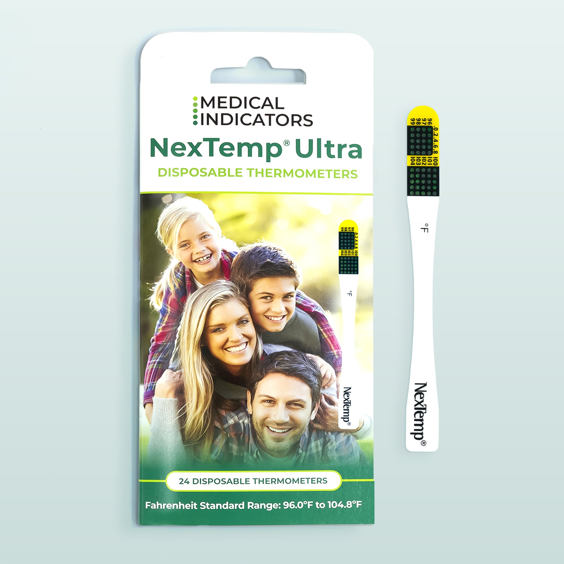 NexTemp Ultra disposable thermometer 24-pack Fahrenheit with family lifestyle image