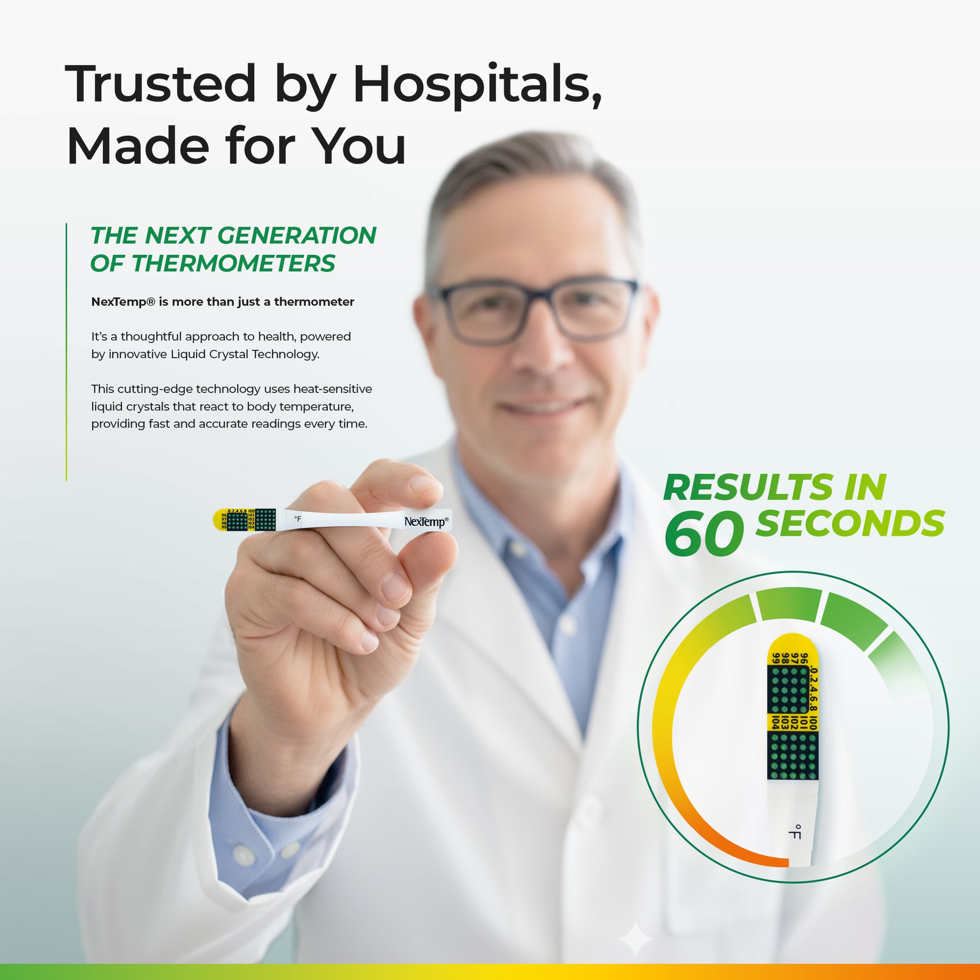Doctor holding NexTemp Ultra thermometer showing 60-second reading result