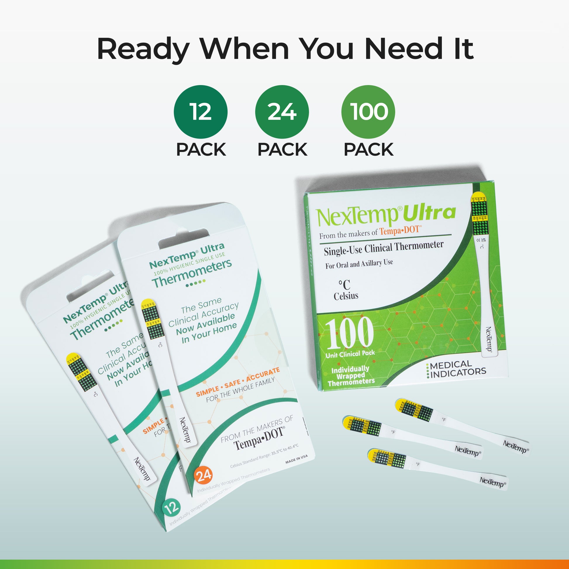 NexTemp Ultra thermometer packs in 12 24 and 100 count options with strips