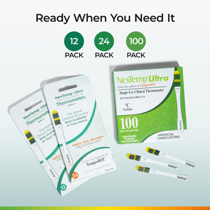 NexTemp Ultra thermometer packs in 12 24 and 100 count options with strips