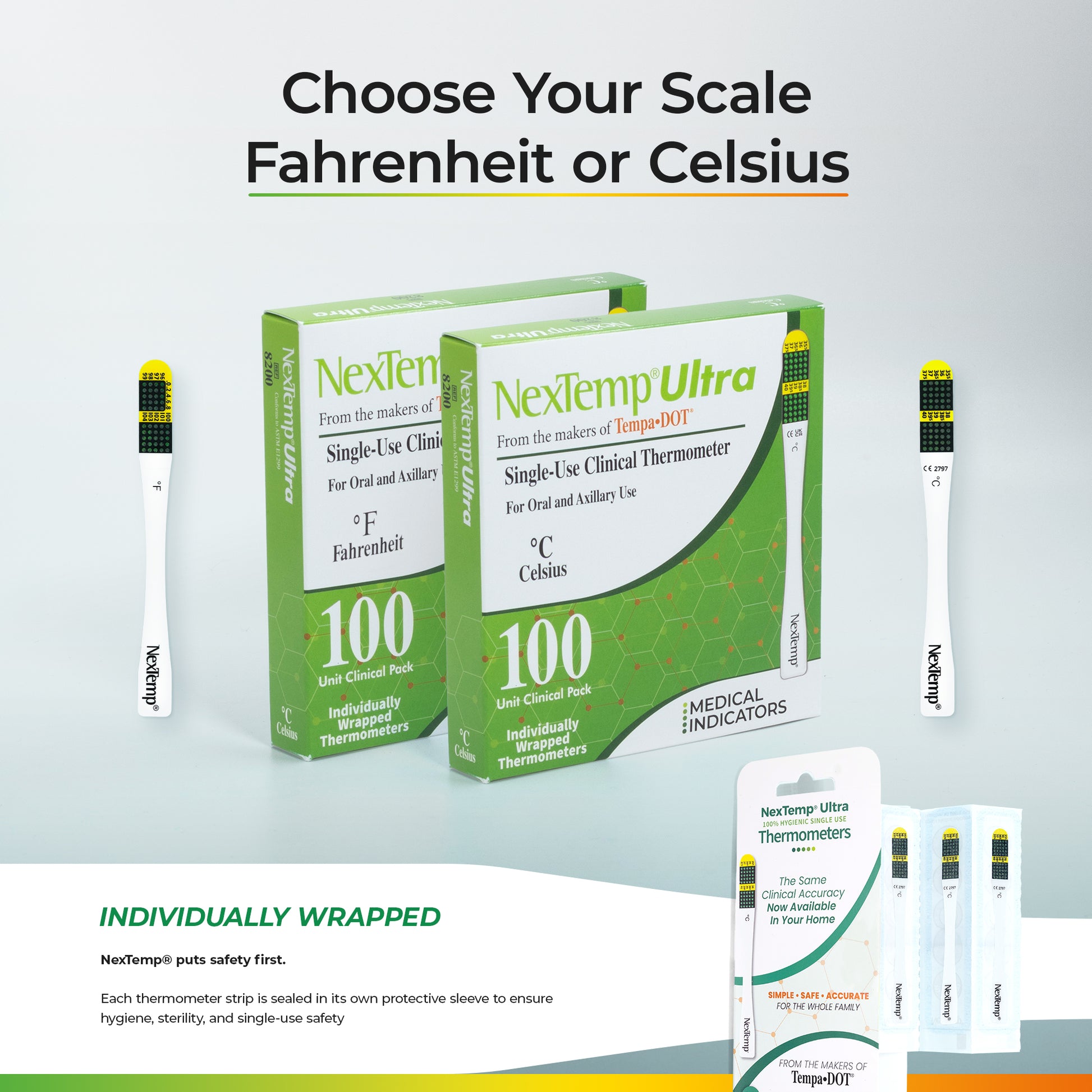 NexTemp Ultra thermometer boxes in Fahrenheit and Celsius scale options