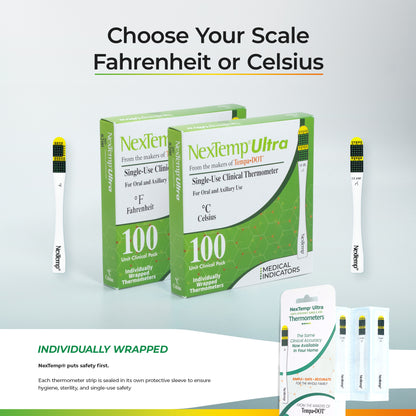 NexTemp Ultra thermometer boxes in Fahrenheit and Celsius scale options