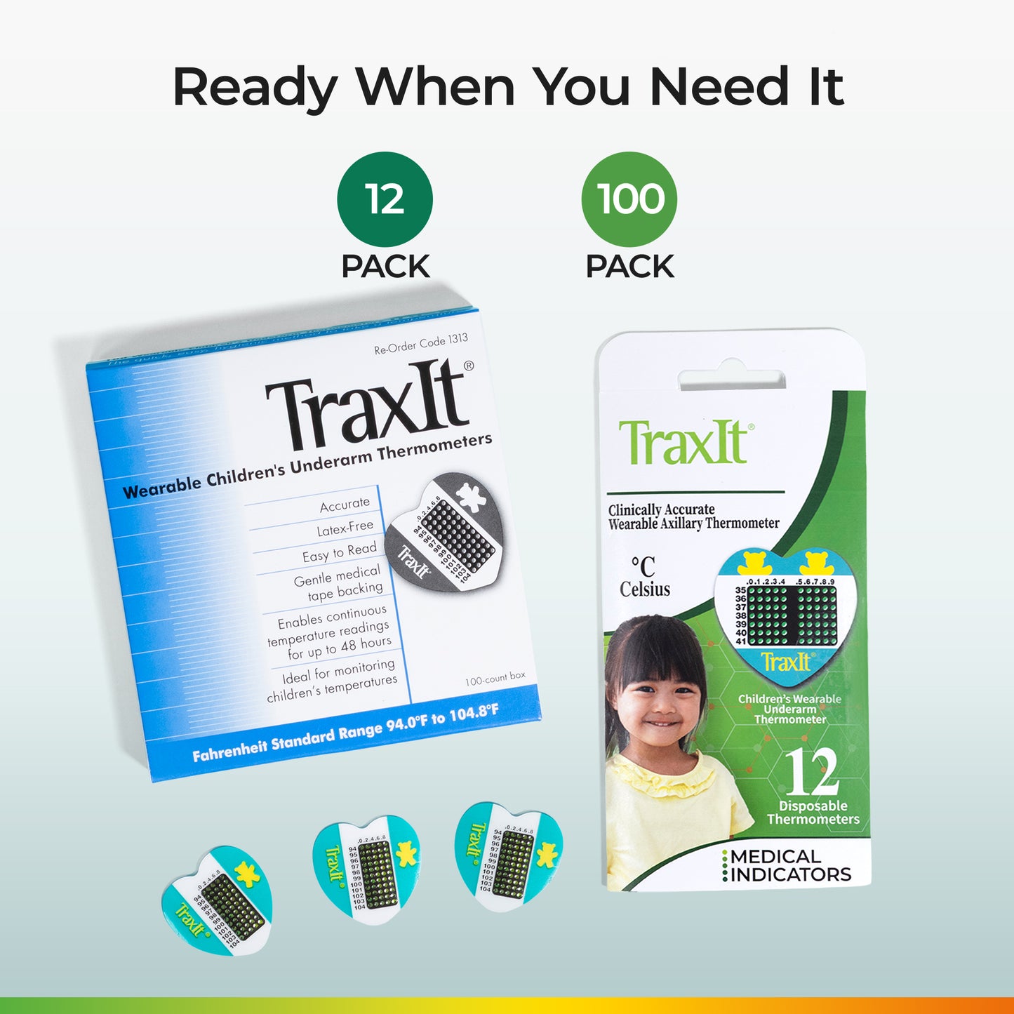 TraxIt Wearable Children’s Underarm Thermometers 12 and 100 Pack Display