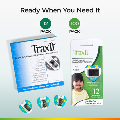 TraxIt Wearable Children’s Underarm Thermometers 12 and 100 Pack Display