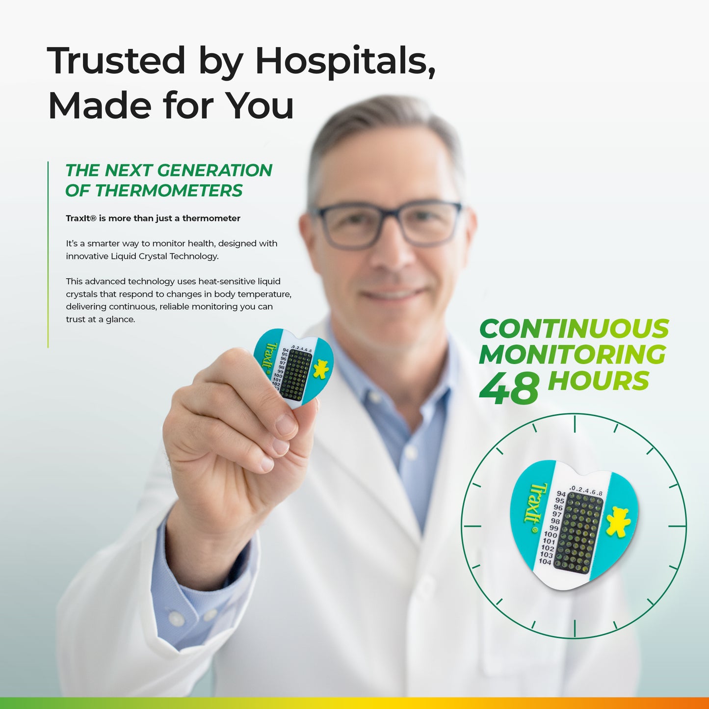 Doctor Holding TraxIt Wearable Underarm Thermometer for Continuous Monitoring