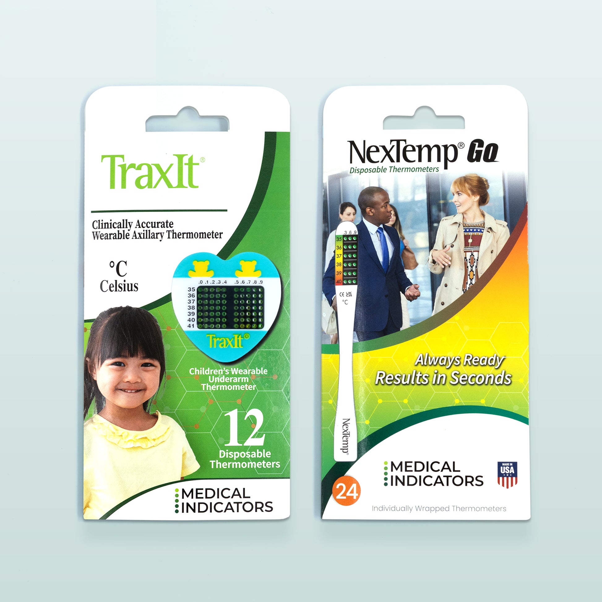 TraxIt Children’s Wearable Axillary Thermometer 12-Pack and NexTemp Go Disposable Thermometer 24-Pack Bundle Celsius