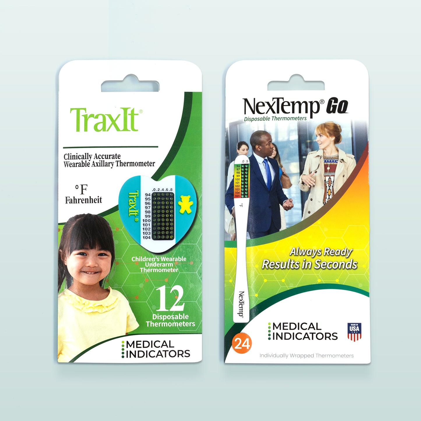 TraxIt Children’s Wearable Axillary Thermometer 12-Pack and NexTemp Go Disposable Thermometer 24-Pack Bundle Fahrenheit
